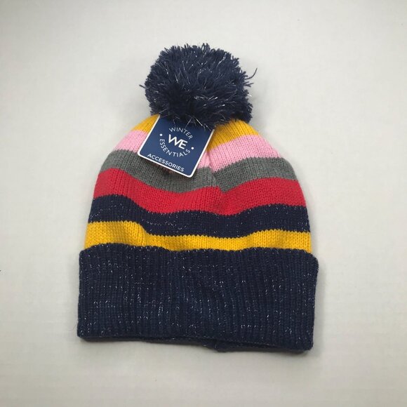Winter Essentials Girls One Size Multicolor Stripe Knit Beanie with Pom New - Picture 3 of 11
